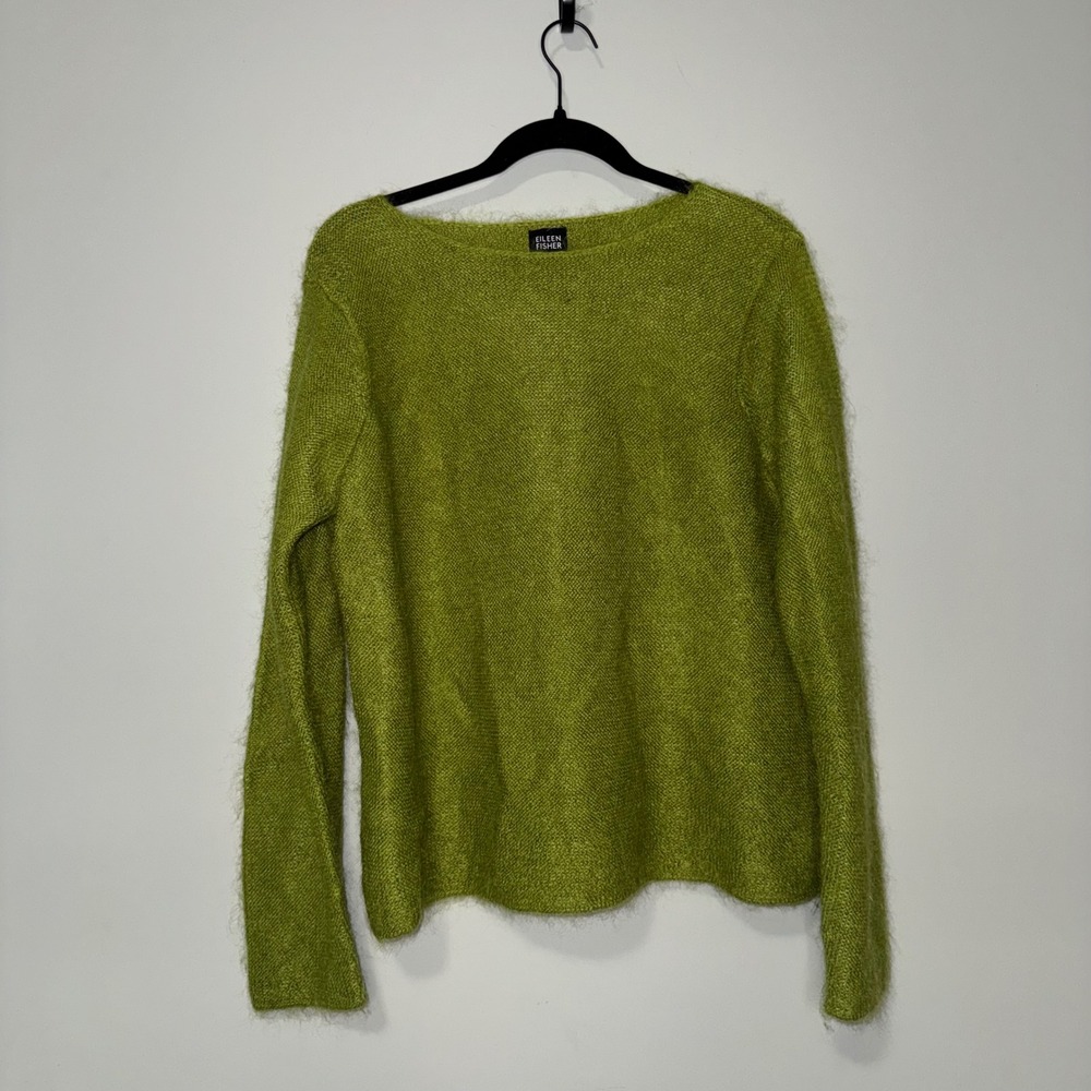 Eileen Fisher Chartreuse Green Mohair Blend Fuzzy Boat Neck Sweater Womens Large